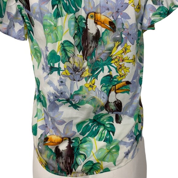 Lavender Brown Blouse Top XS Multicolor Toucan Design Ruffle Cap Sleeve V-Neck - Picture 10 of 12